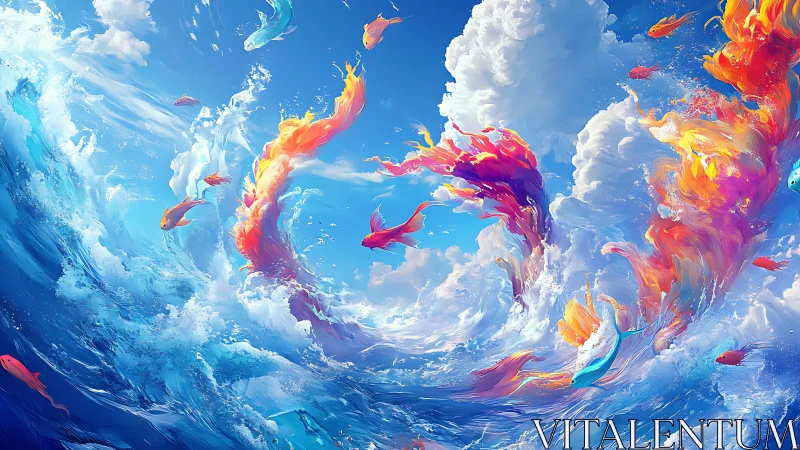 Color-saturated fish forms rotating in stylized ocean vortex.