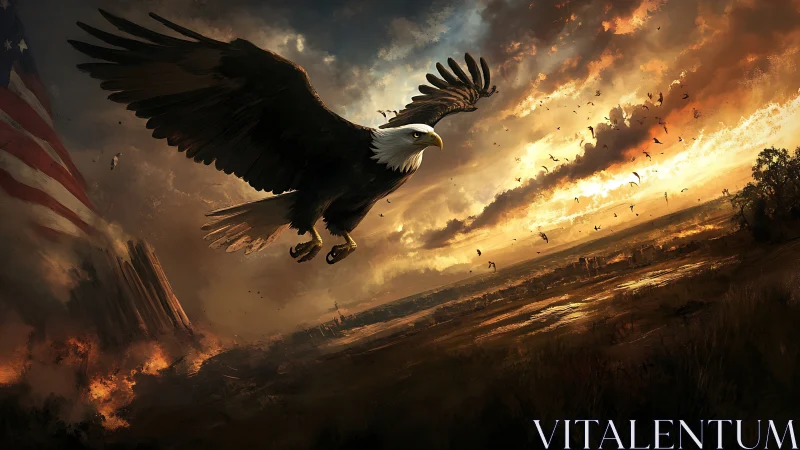 Soaring eagle crosses a burning horizon under stormy skies