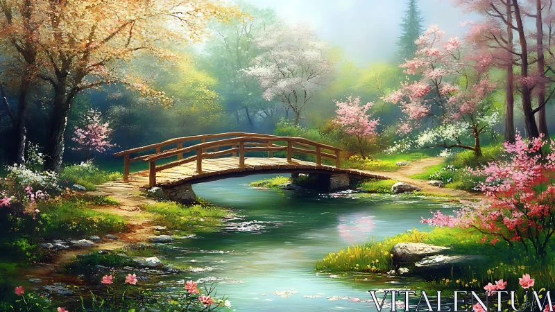 Wooden bridge spans spring river under soft morning light