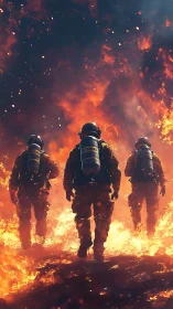 Three firefighters advance through massive inferno.