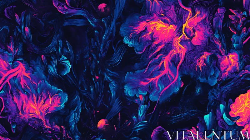 Neon fluid structures form branching patterns on dark ground