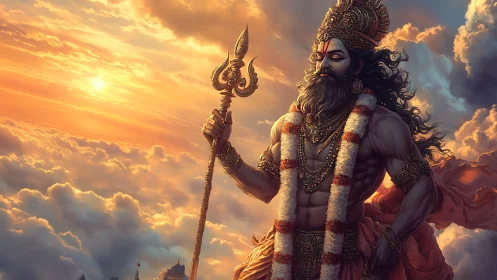 Sunlit sky guardian strides through clouds with sacred trident