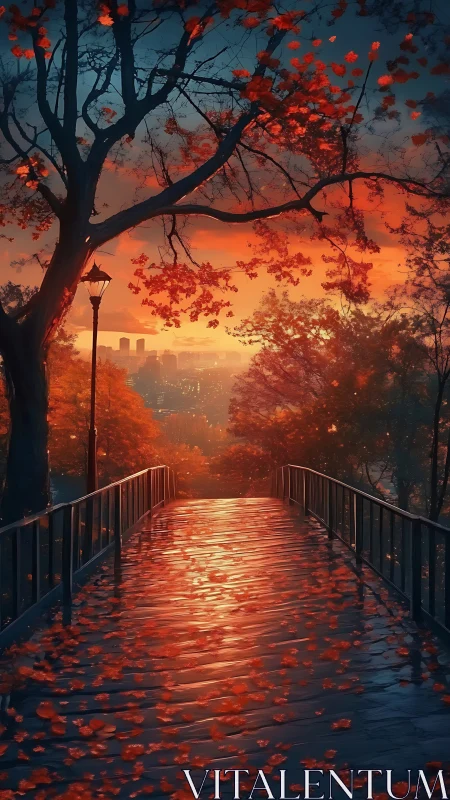 Sunlit pedestrian bridge passes through autumn foliage