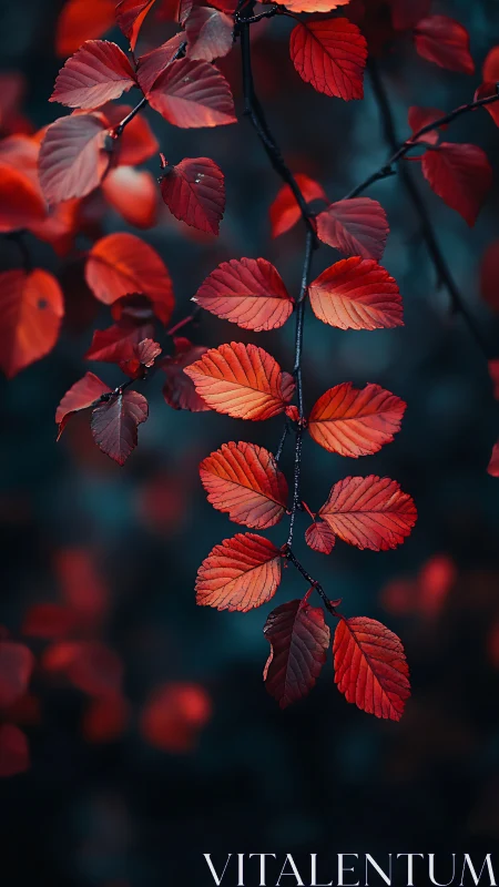 Crimson autumn leaves hang against deep teal forest blur