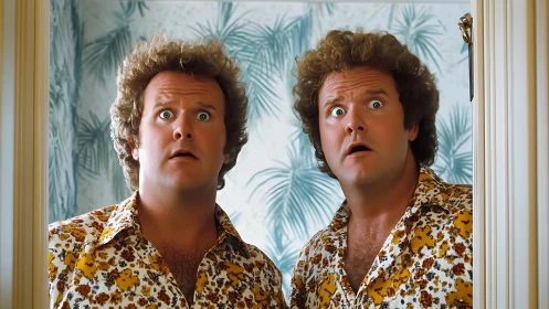 Symmetrical retro twin portrait with mirrored astonishment.