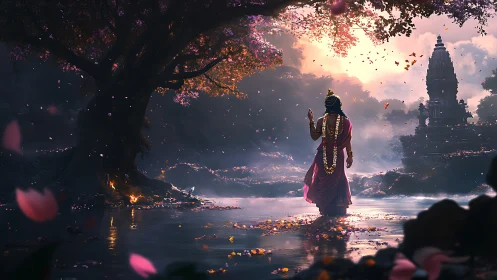 Backlit robed figure approaches distant temple through shallow water