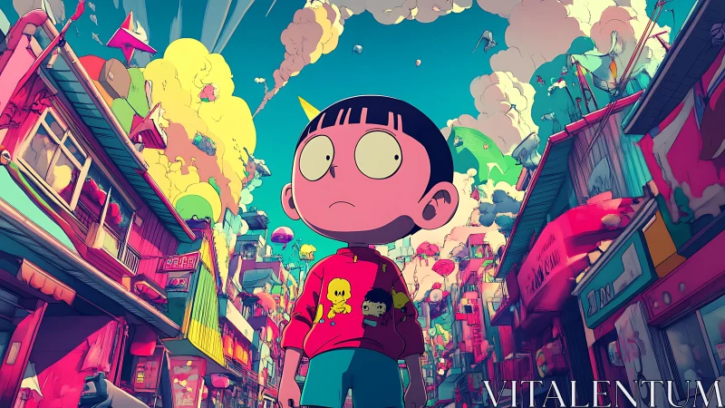 Wide-angle anime street scene studies saturated neon architecture