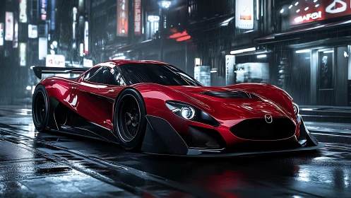 Sleek red Mazda hypercar cuts through neon-lit rainy streets