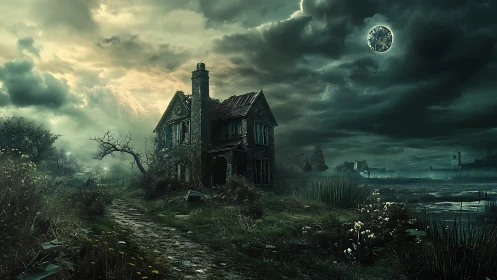 Weathered rural house beside marsh under clocklike moon.