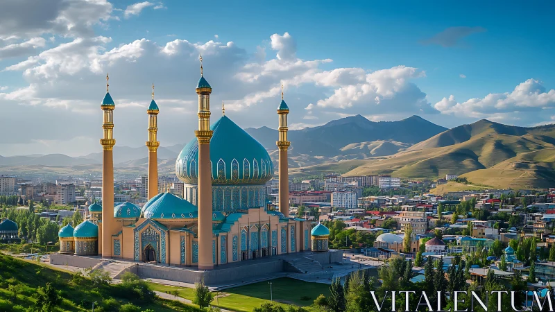 Sunlit turquoise mosque rising gently over valley city.