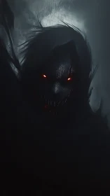 Nocturnal demonic entity with glowing red eyes emerging from fog