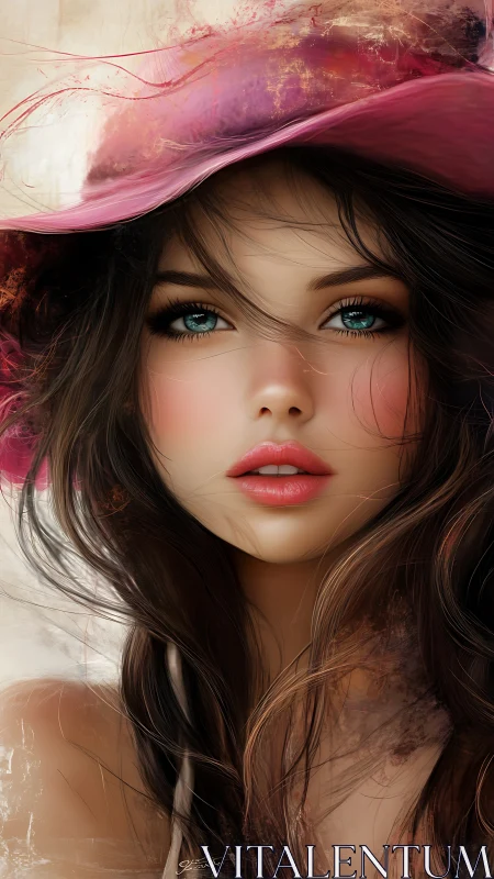 Digital portrait of young woman in pink wide brim hat.