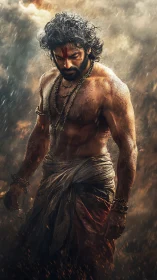 Bare-chested male figure in traditional draped cloth, downward gaze.