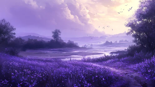 Lavender valley landscape glows under soft violet sunrise