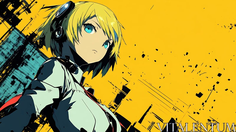 Blonde anime cyborg girl on bold yellow abstract background.