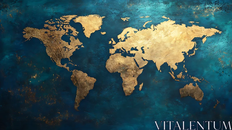 Gilded world map on textured teal ocean backdrop.