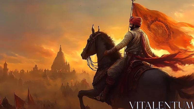 Mounted warrior surveying fortified city under incendiary sky.