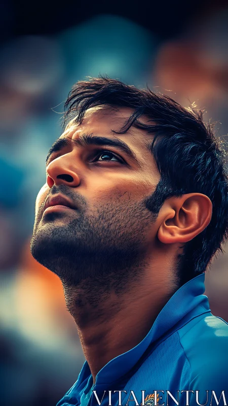 Portrait shows male subject in blue sports jersey looking upward