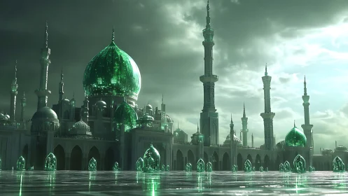 Green domed mosque complex under overcast sky in 3D render.