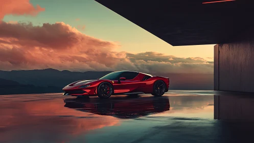 Red sports coupe under cantilevered roof at sunset.
