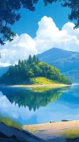 Sunny forested island reflects across calm mountain lake