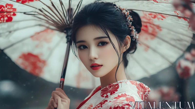 Cherry blossom gaze beneath a painted paper parasol dream.