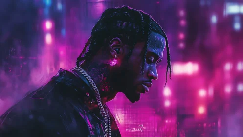 Neon-lit portrait of braided man in moody purple haze.