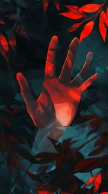 Reaching hand in glowing red leaves and deep blue shadow.