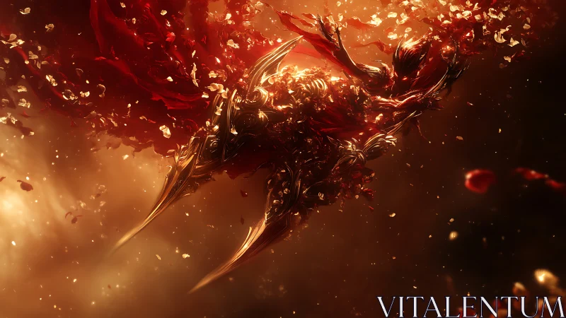 Armored crimson wraith ascends through molten ember bloom