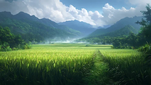 Digital painting of misty mountain rice fields in morning light.