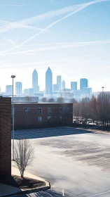 Empty urban lot overlooks hazy downtown skyline morning