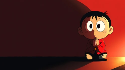 Small child in red quietly hoping in a sunlit corner.