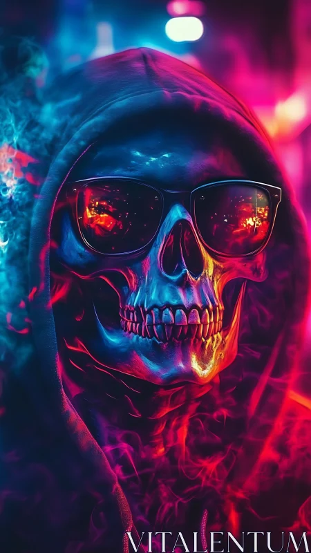 Neon hooded skull in reflective shades amid vapor haze.