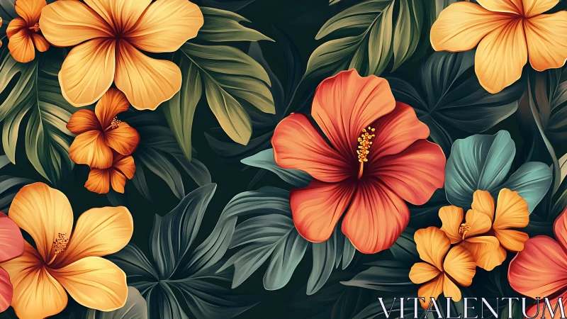 Tropical Floral Pattern with Hibiscus and Foliage.
