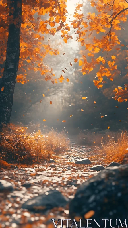 Golden autumn path drifting with leaves and quiet light.