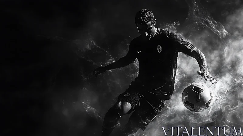 Monochrome dynamic footballer in high-contrast digital rendering.