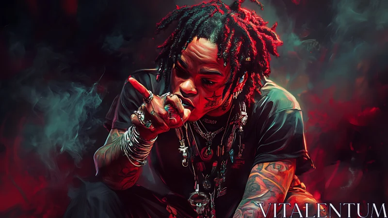 Moody rapper in neon smoke pauses mid-lyric onstage.