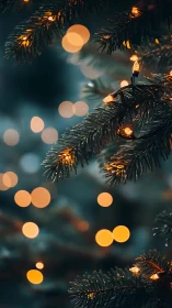 Warm bokeh lights tracing evergreen Christmas tree branches.