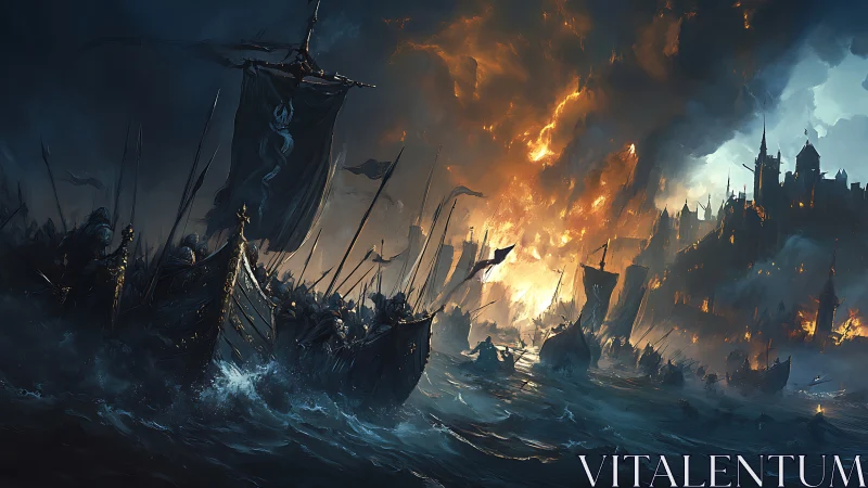 Medieval warships assault burning coastal fortress at night