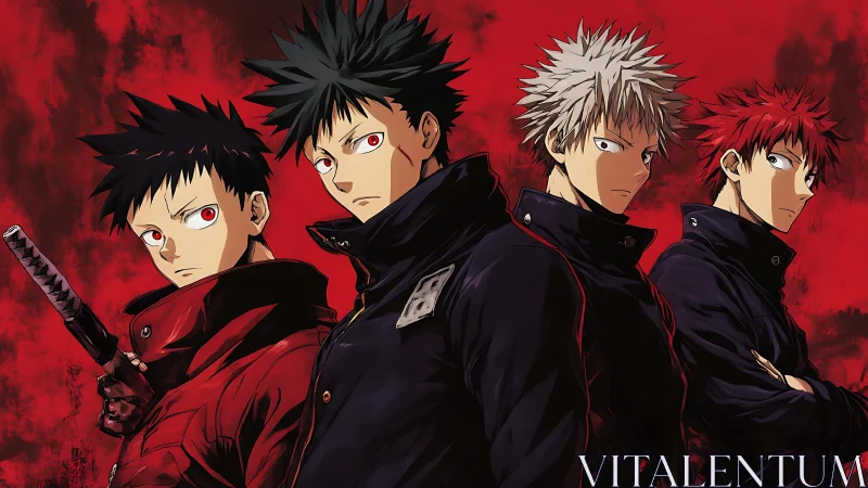 Four anime characters in dark uniforms on red backdrop.