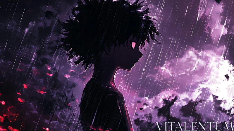 Silhouetted anime profile under dynamic rain with magenta backlight