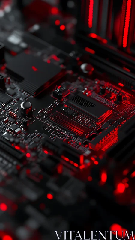 Red-lit motherboard macro highlights chipset geometry.