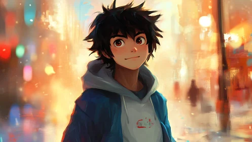 Teen boy in hoodie against soft city lights background.
