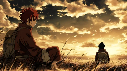 Two anime travelers resting in tall grass at sunset.