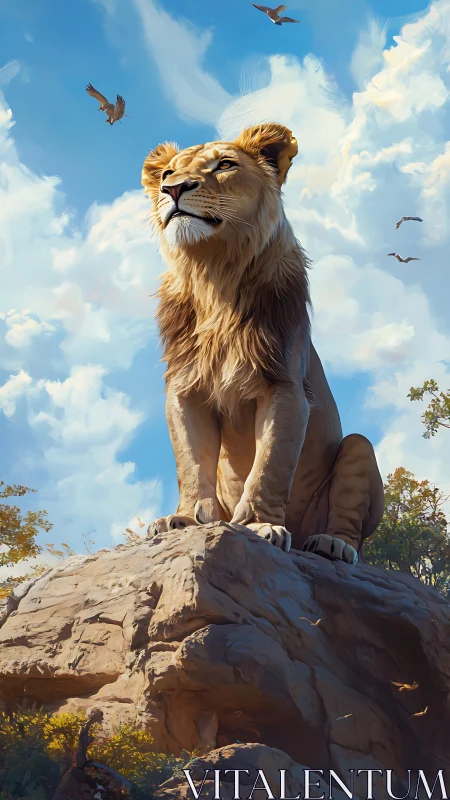 Digital rendering shows lioness on rocky outcrop beneath sky