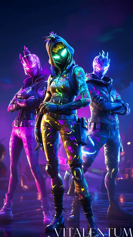Neon hooded trio in iridescent tactical armor under cyber lights.