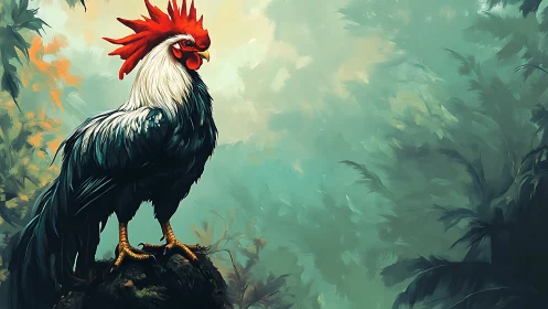 Majestic Red-Crested Rooster in Verdant Forest Setting.