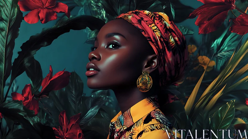 Portrait in lush jungle blooms celebrates vivid cultural style.