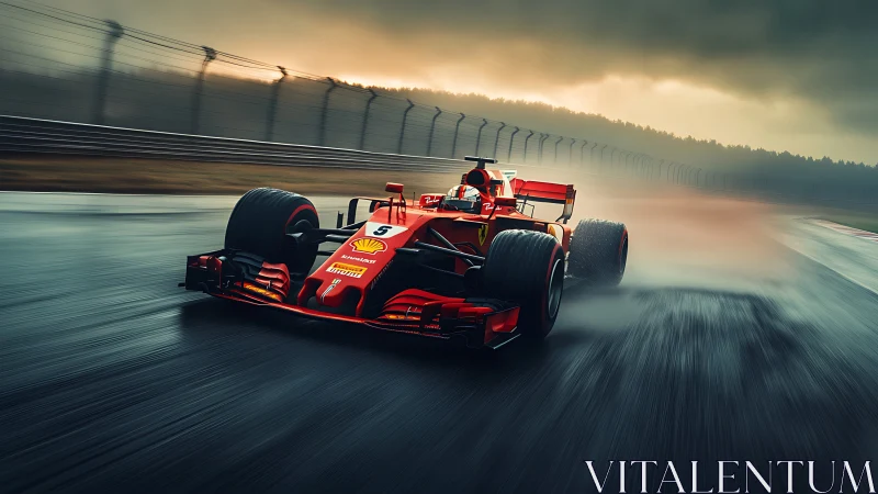 Red Formula racing car on wet circuit under overcast sky.