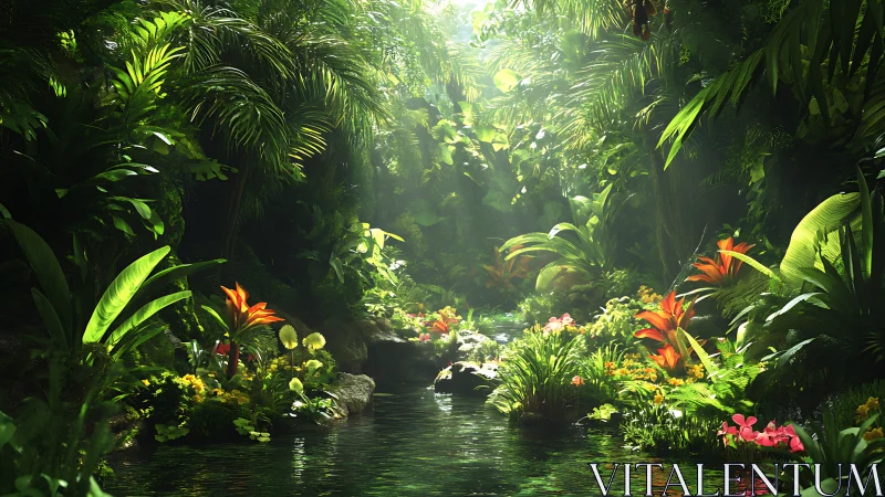 Luminous rainforest creek in dense tropical foliage rendering.